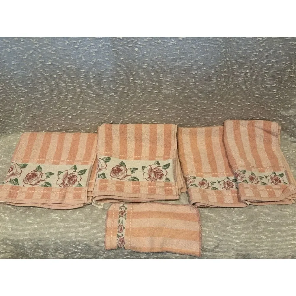 Priority Santans BathSetTowels (5)Pieces‎ PinkFloral Cotton NWOT